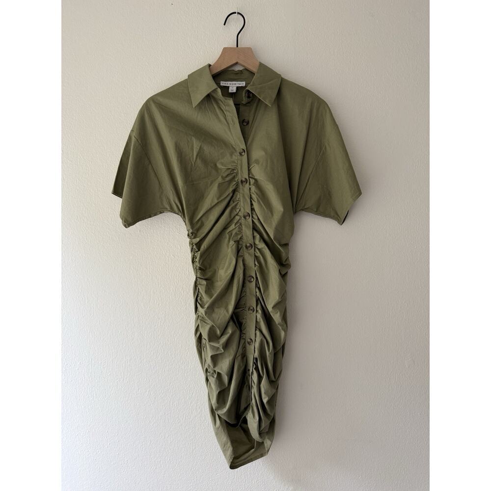 And Now This Ruched Shirt Dress Olive Military Green‎ Button Up Short Sleeve XS